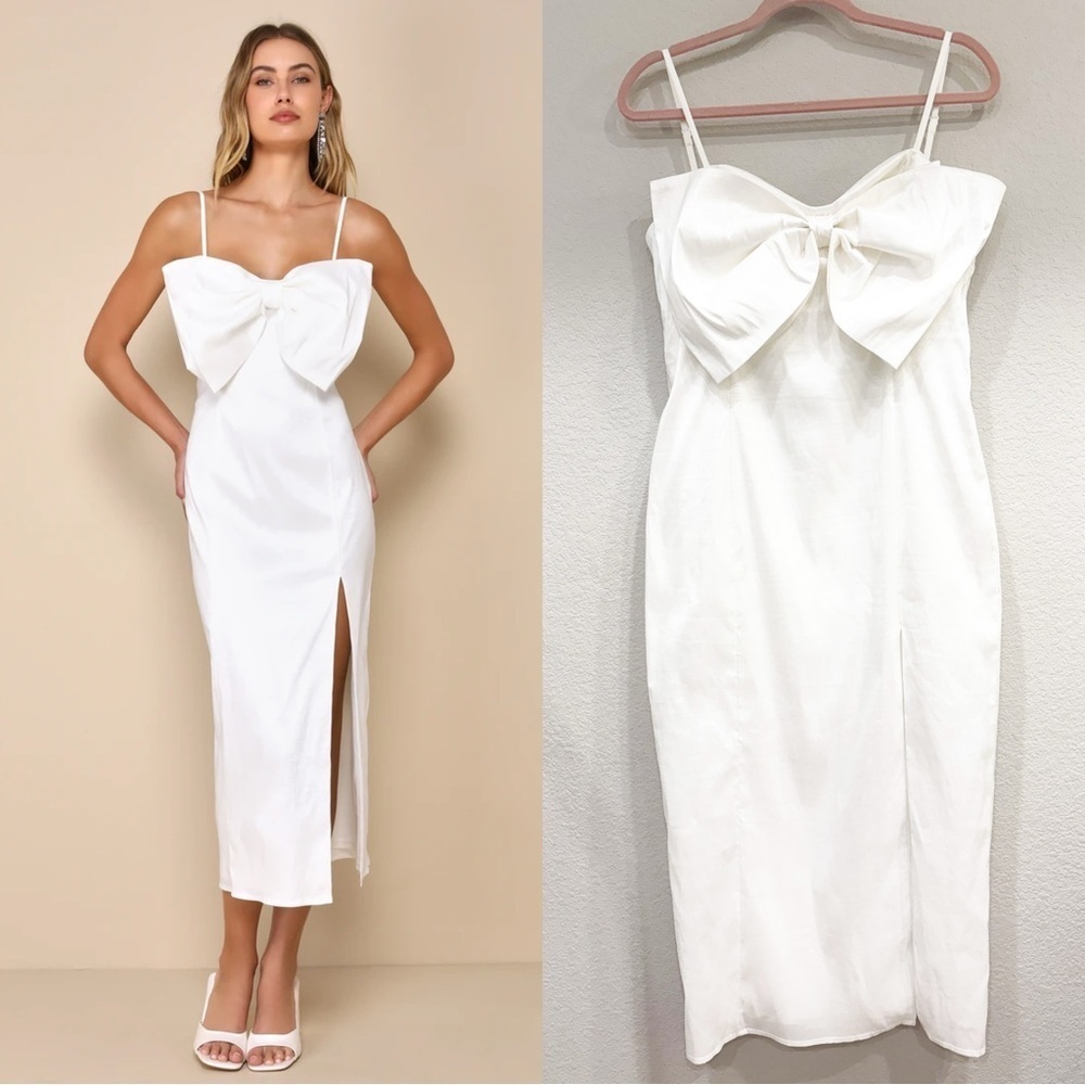 Sz L - NWOT Lulus Statement Sweetie White Taffeta Sleeveless Bow Midi‎ Dress